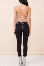 Back view of the Dancing in the Moonlight sequin fringe cami worn by our model.