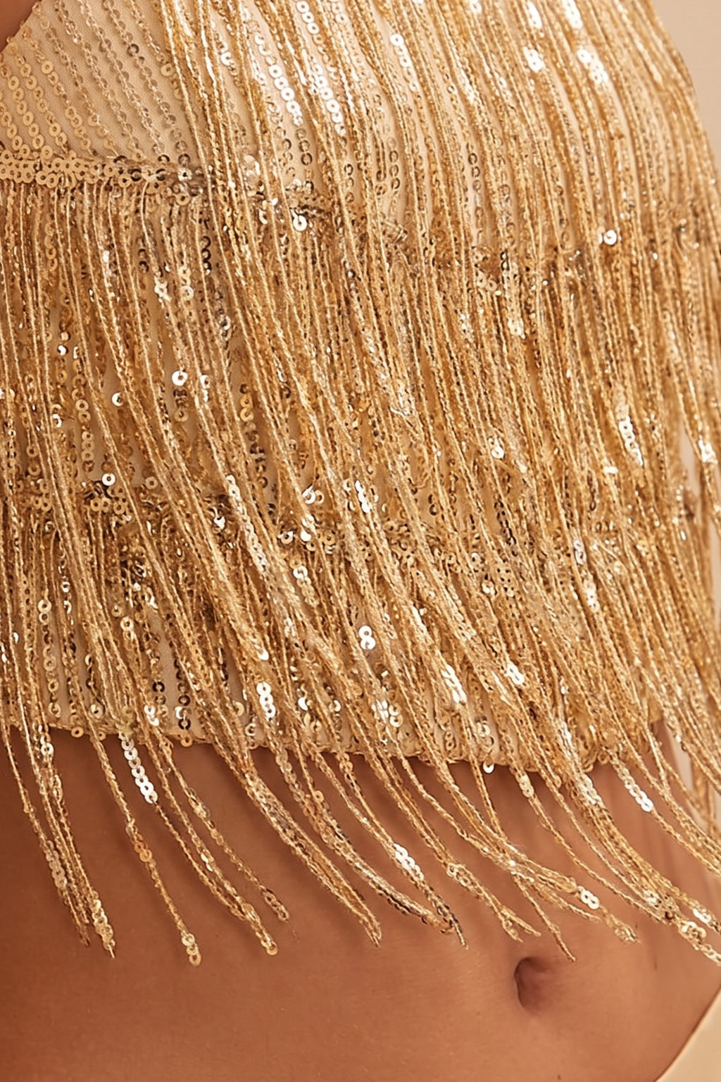 Gold Dancing in the Moonlight sequin fringe cami, close view of the detail.