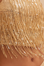 Gold Dancing in the Moonlight sequin fringe cami, close view of the detail.