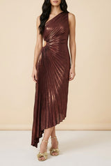Front view of the metallic burgundy pleated one shoulder maxi dress showing the fit and length.
