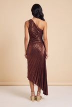 Back view of the metallic burgundy pleated one shoulder maxi dress.