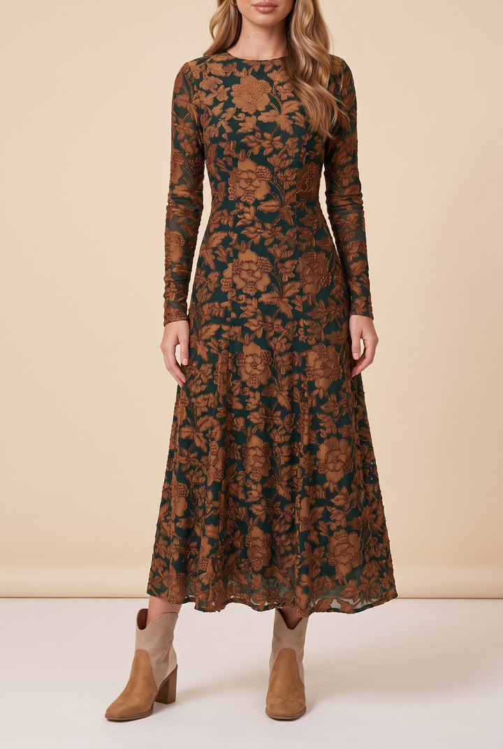 Front view of the green velvet burnout floral maxi dress showing the fit and length.