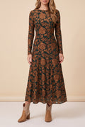 Front view of the green velvet burnout floral maxi dress showing the fit and length.