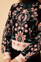 Close-up of the black floral jacquard high neck sweater showing the fabric and finishing details.