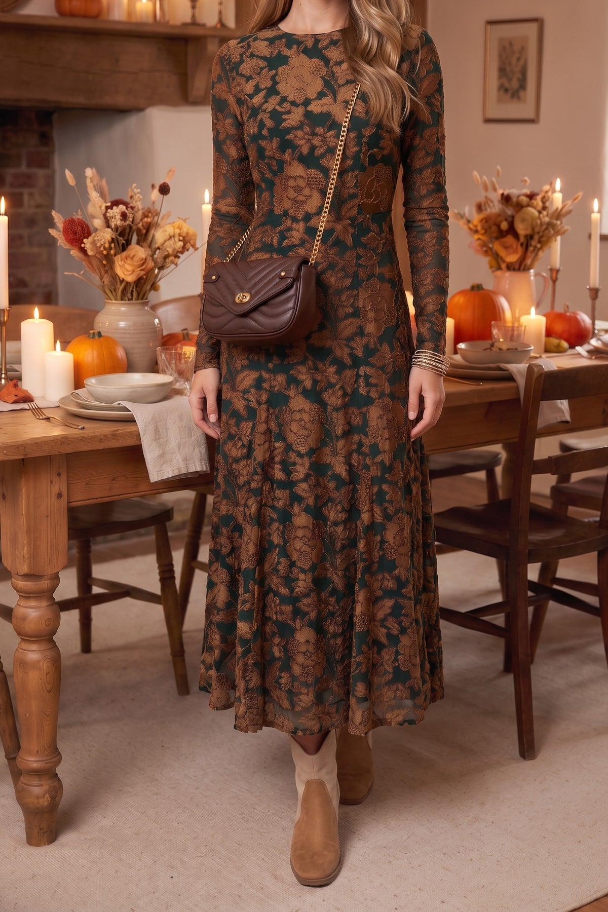 The green velvet burnout maxi styled with tri-tone suede western booties, a chocolate quilted crossbody and stacked gold bangles for Thanksgiving dinner.