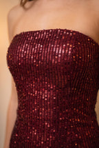 Close-up of the wine red strapless sequin mini dress showing the sequins and finishing details.