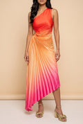 Front view of the hibiscus ombre one shoulder pleated maxi dress showing the fit and length.