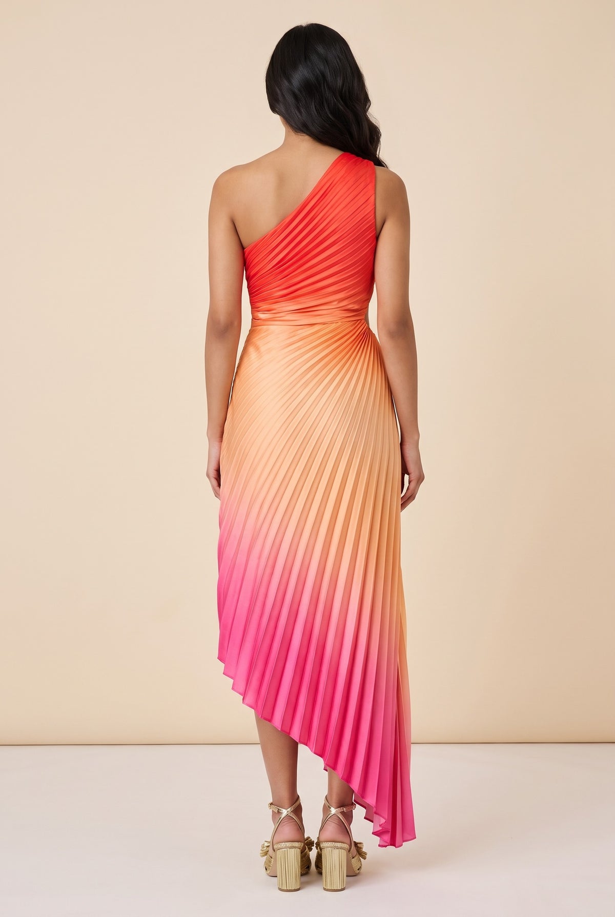 Back view of the hibiscus ombre one shoulder pleated maxi dress.
