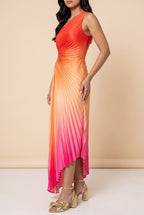 Side view of the hibiscus ombre one shoulder pleated maxi dress showing the silhouette.