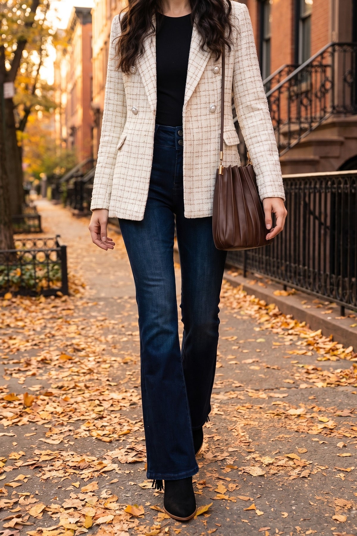 The Carrie chocolate pleated shoulder bag in a styled holiday look.