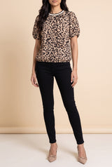 Front view of the taupe leopard puff sleeve top showing the fit and length.