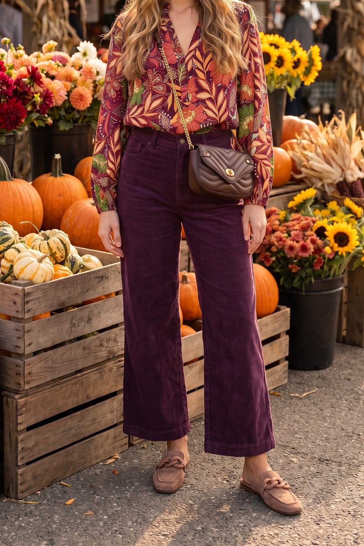 The burgundy floral split neck blouse styled with plum corduroy wide-leg pants, brown suede chain mules and a chocolate quilted crossbody.