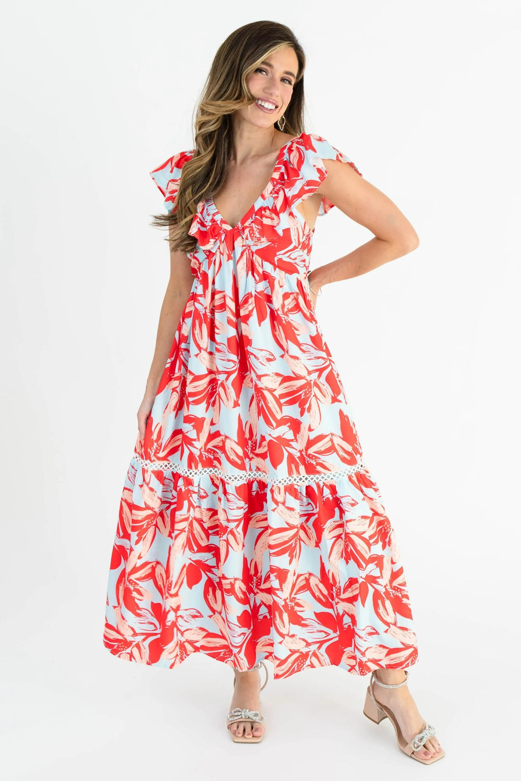 Floral Red & Blue Maxi Dress with Lace Details – Perfect Spring and Summer Style