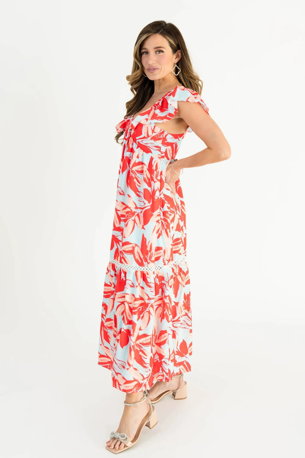 Floral Red & Blue Maxi Dress with Lace Details – Perfect Spring and Summer Style