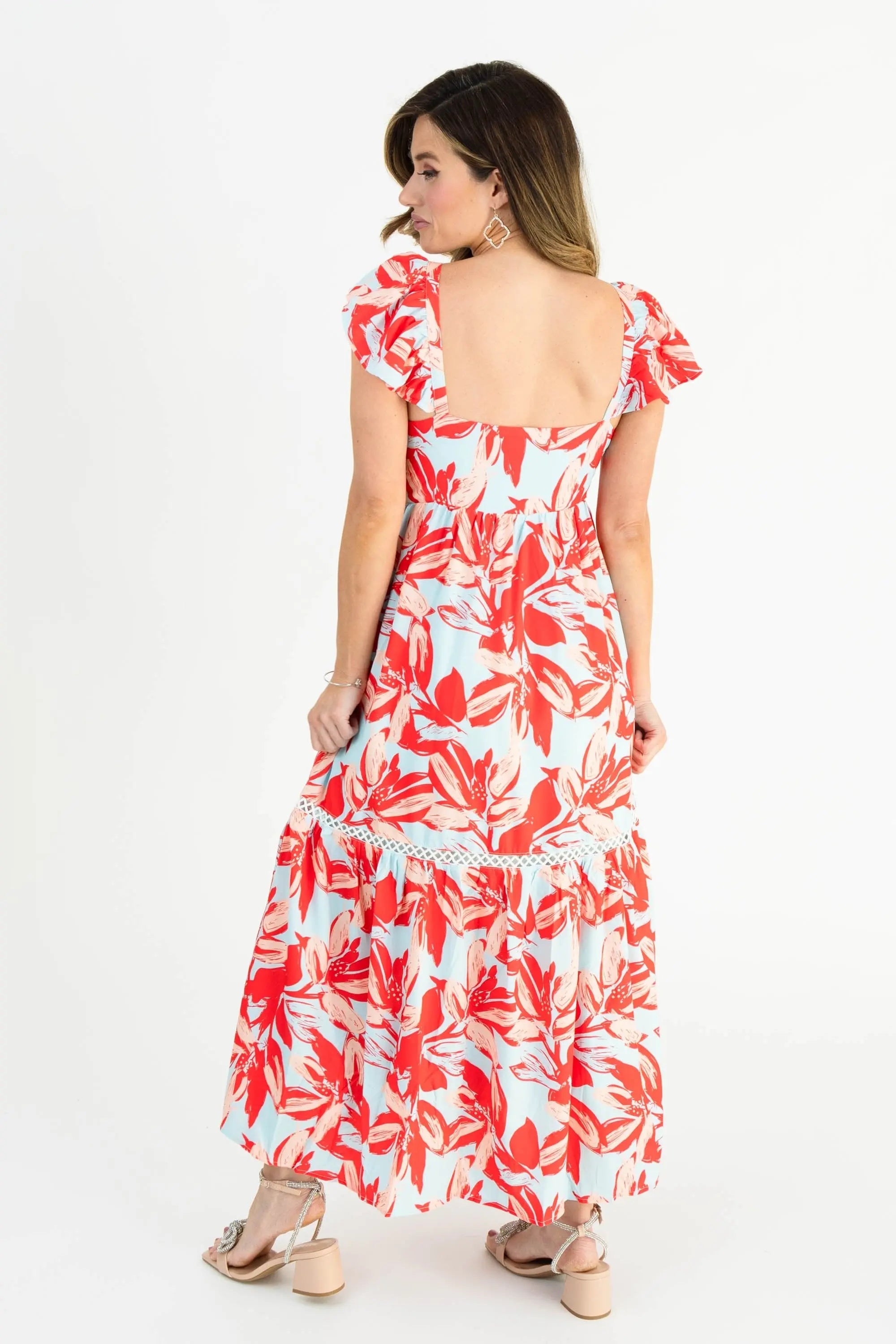 Floral Red & Blue Maxi Dress with Lace Details – Perfect Spring and Summer Style