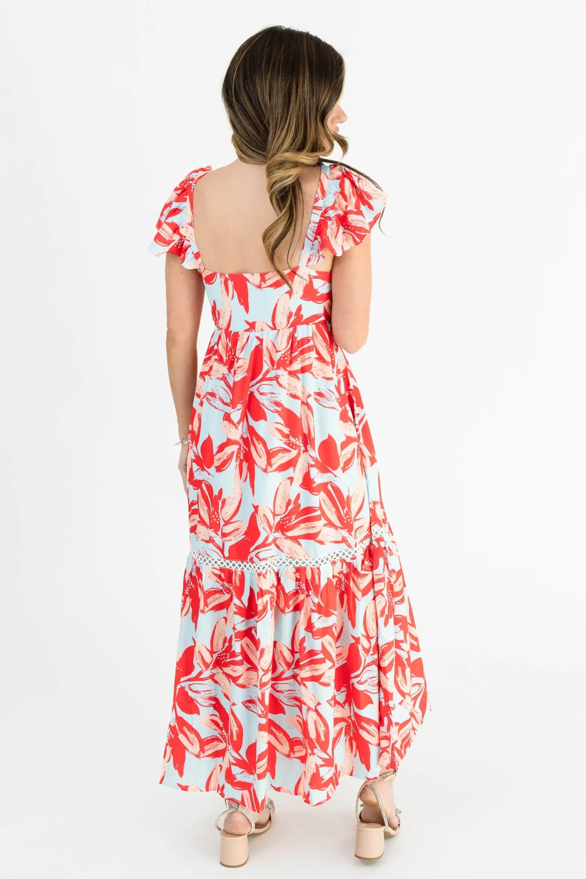 Floral Red & Blue Maxi Dress with Lace Details – Perfect Spring and Summer Style