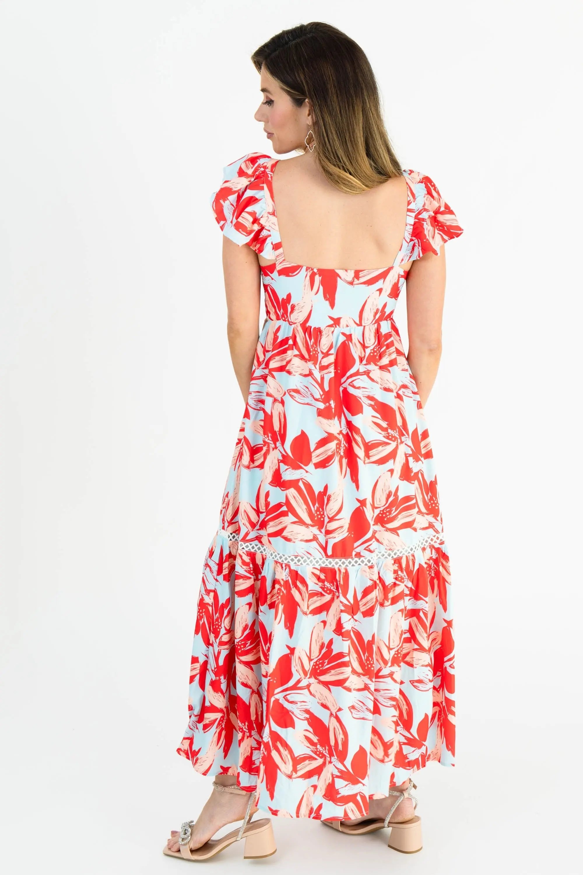 Floral Red & Blue Maxi Dress with Lace Details – Perfect Spring and Summer Style