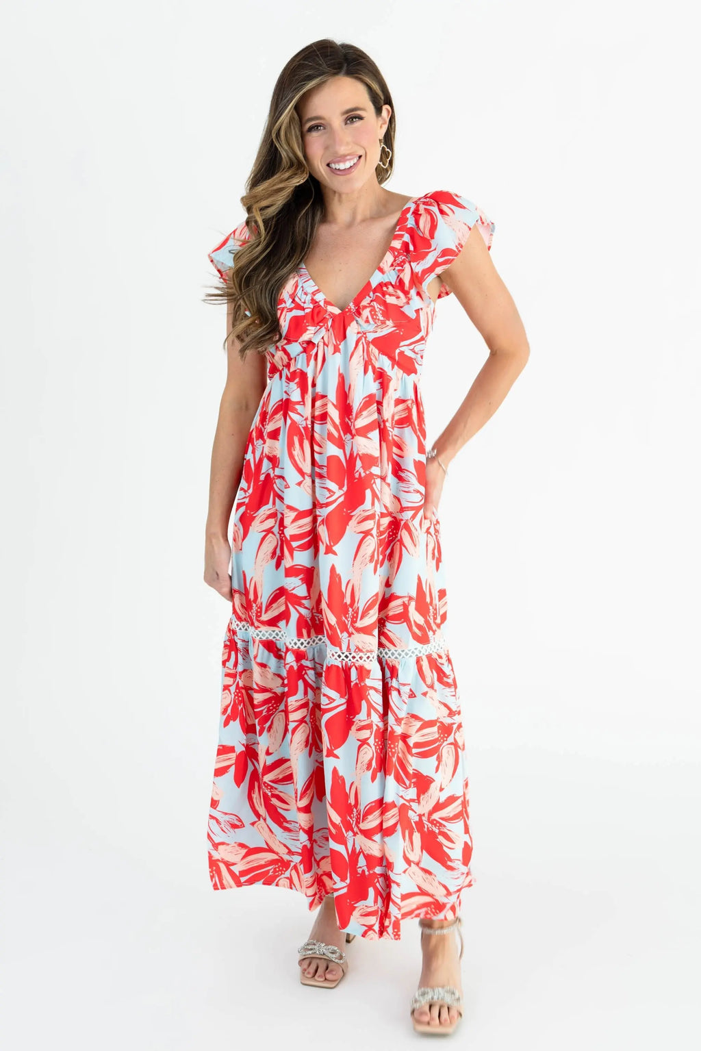 Floral Red & Blue Maxi Dress with Lace Details – Perfect Spring and Summer Style