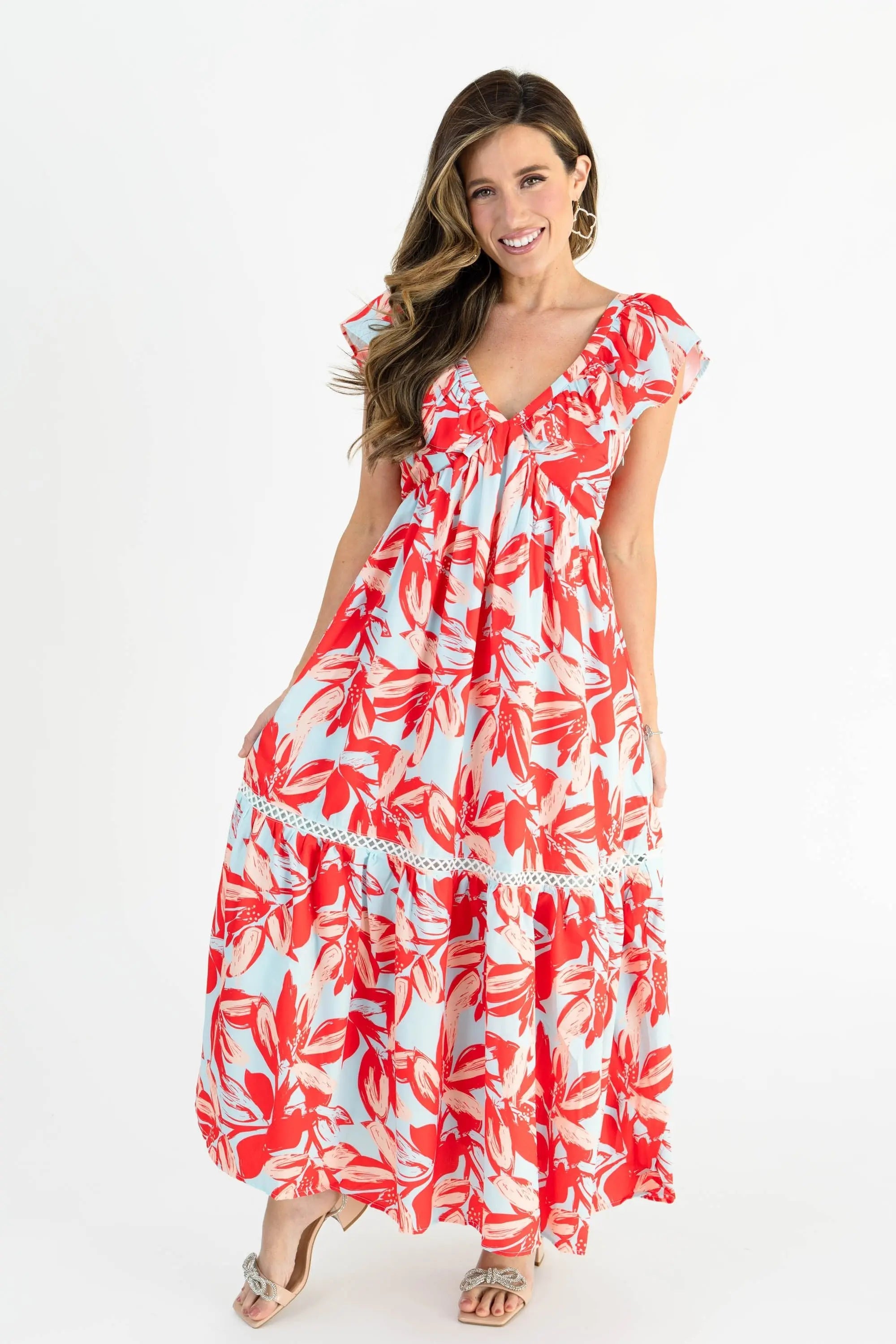 Floral Red & Blue Maxi Dress with Lace Details – Perfect Spring and Summer Style