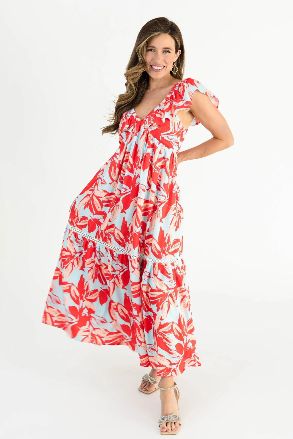 Floral Red & Blue Maxi Dress with Lace Details – Perfect Spring and Summer Style