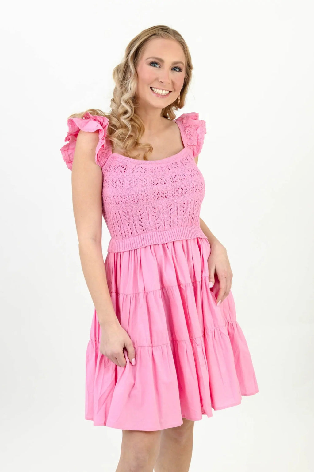 Pink Crochet Tiered Mini Dress – Elegant Spring/Summer Style