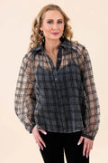 A stylish sheer plaid button-up blouse with long sleeves, featuring a lightweight and breathable design. Perfect for casual and workwear styling.