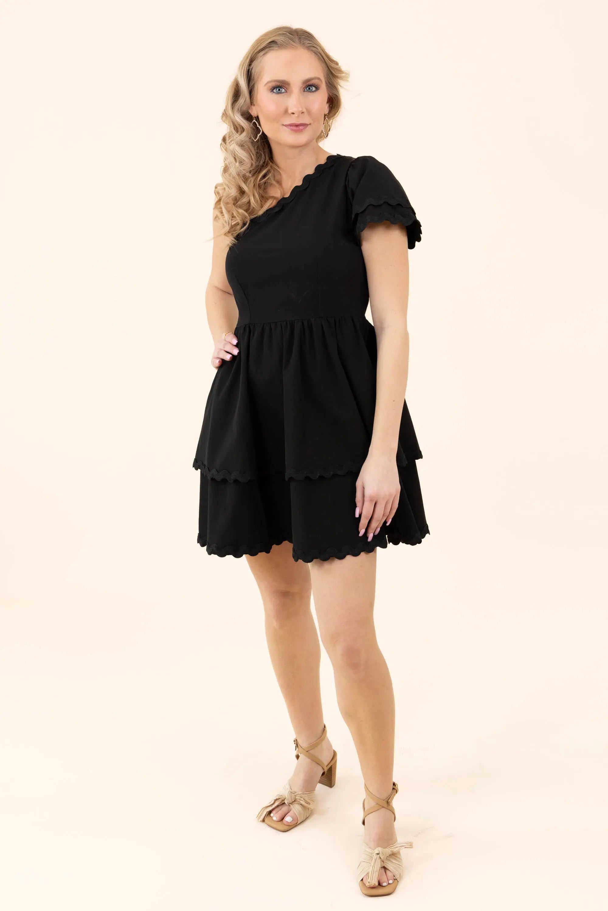 Flirty Noir Fantasy Tiered One Shoulder Mini Black Dress TCEC