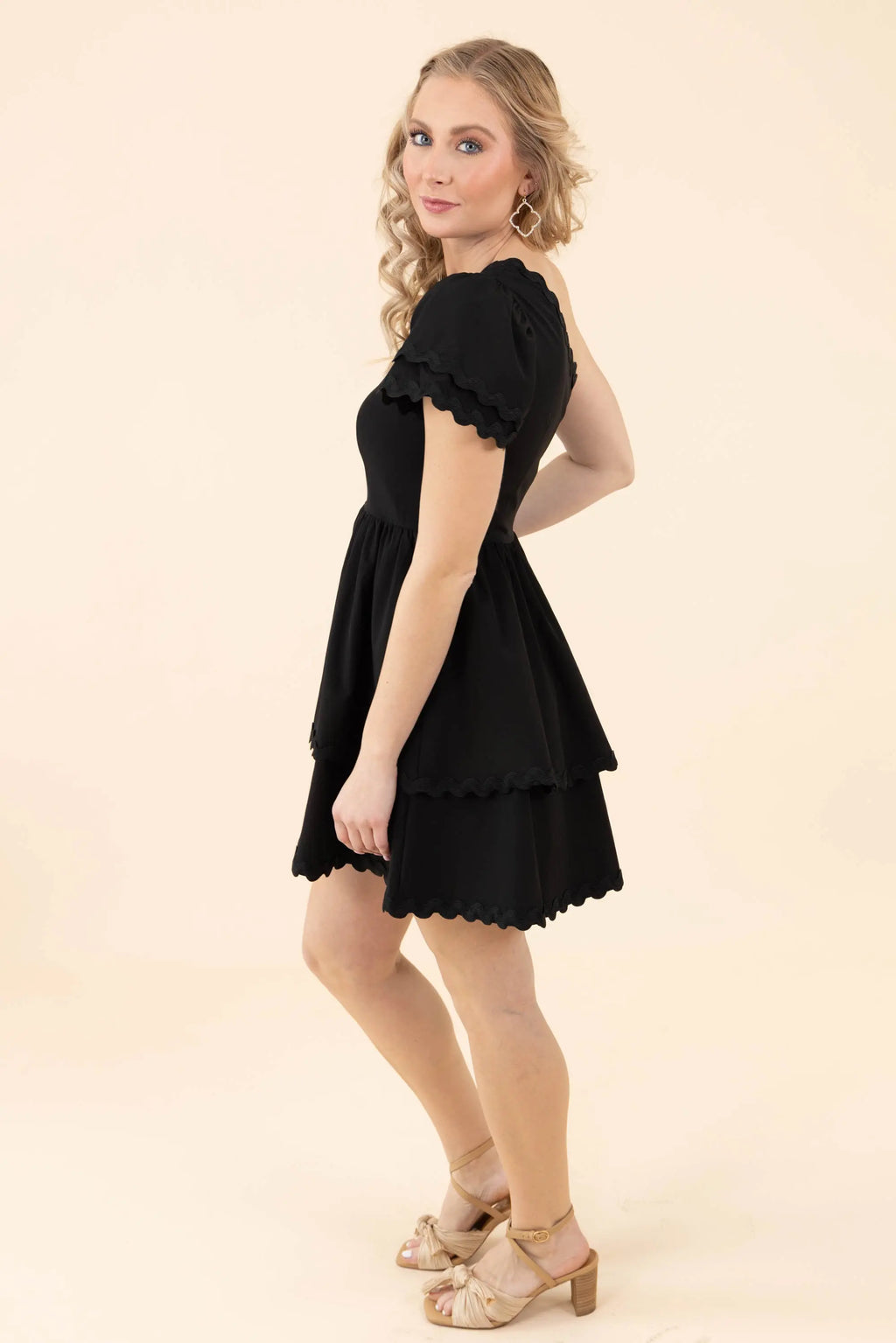 Flirty Noir Fantasy Tiered One Shoulder Mini Black Dress TCEC