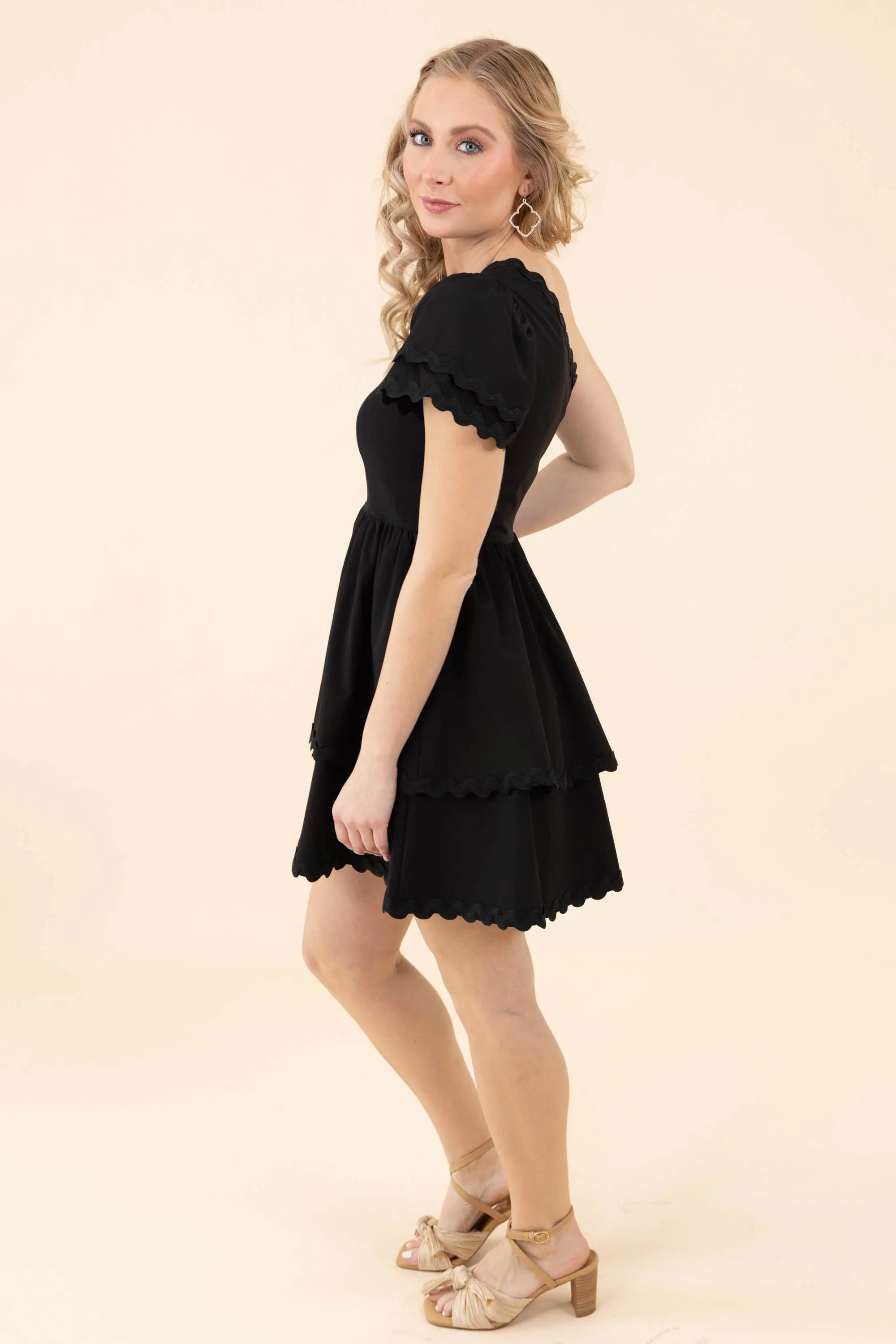 Flirty Noir Fantasy Tiered One Shoulder Mini Black Dress TCEC