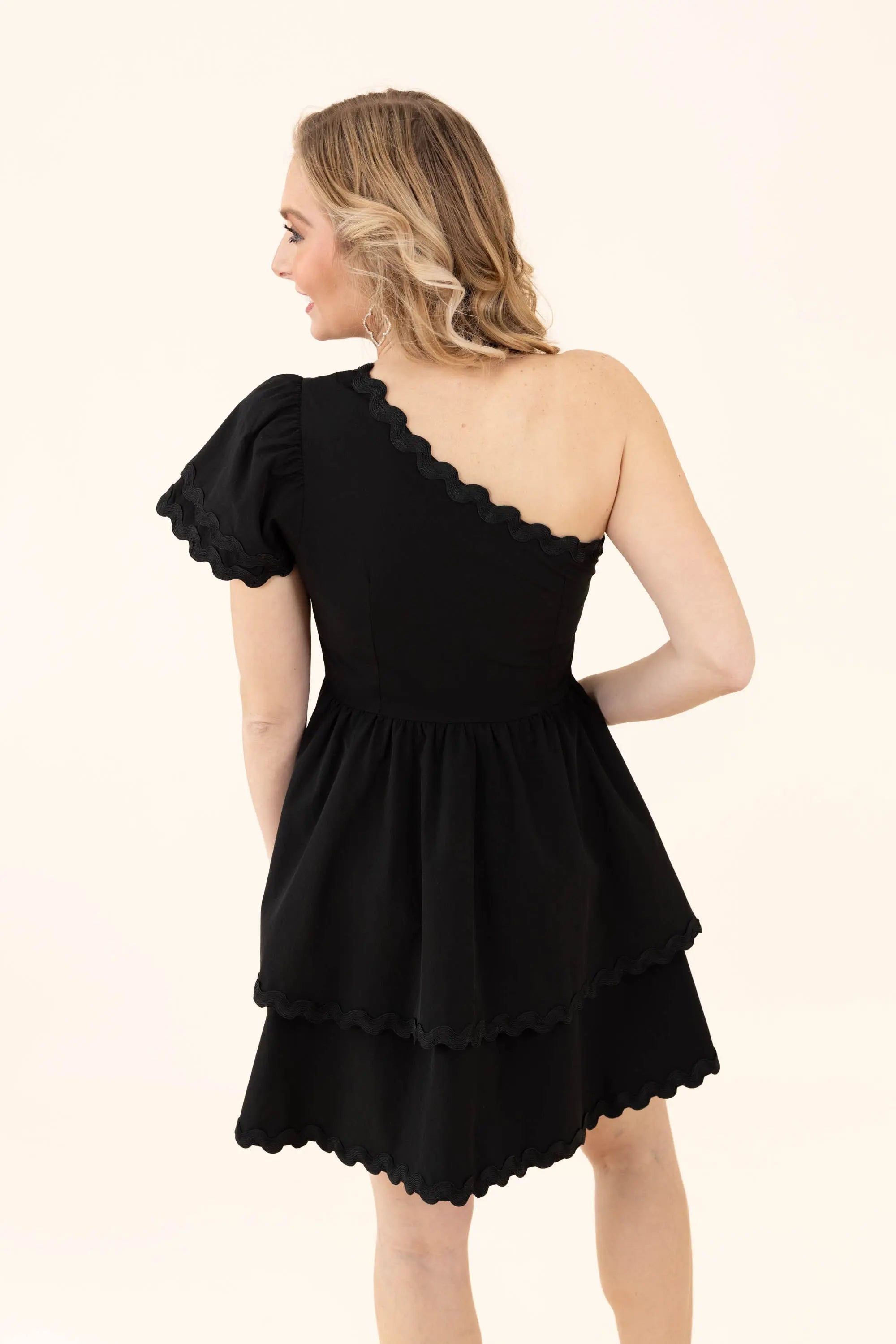 Flirty Noir Fantasy Tiered One Shoulder Mini Black Dress TCEC