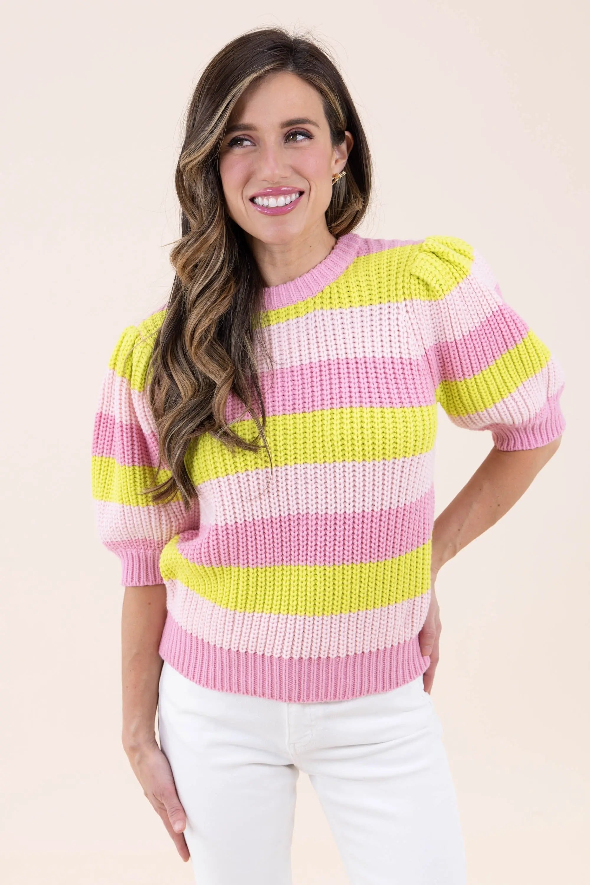 Bold Stripe Puff Sleeve Sweater Top - Vibrant Knitwear for Women