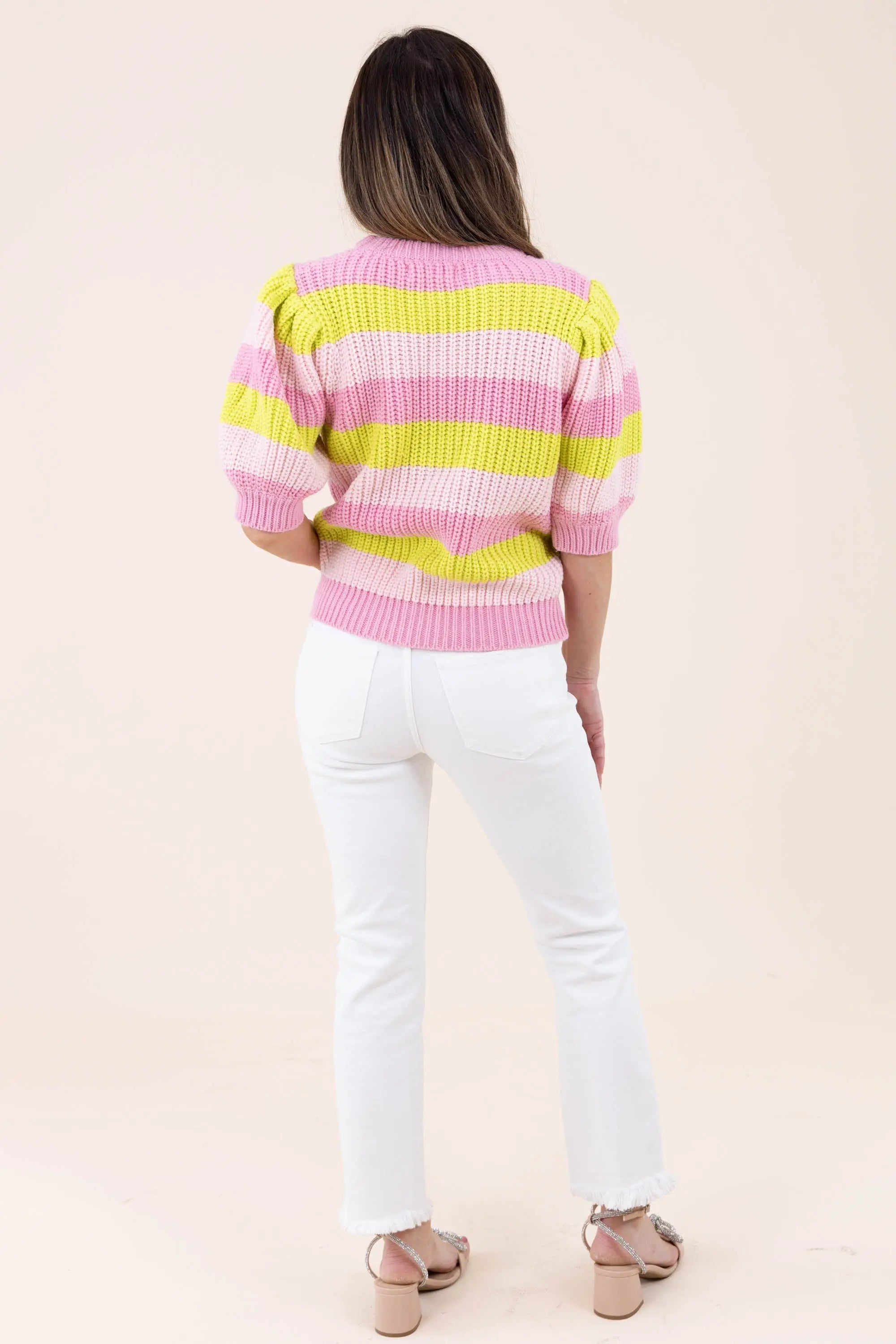 Bold Stripe Puff Sleeve Sweater Top - Vibrant Knitwear for Women