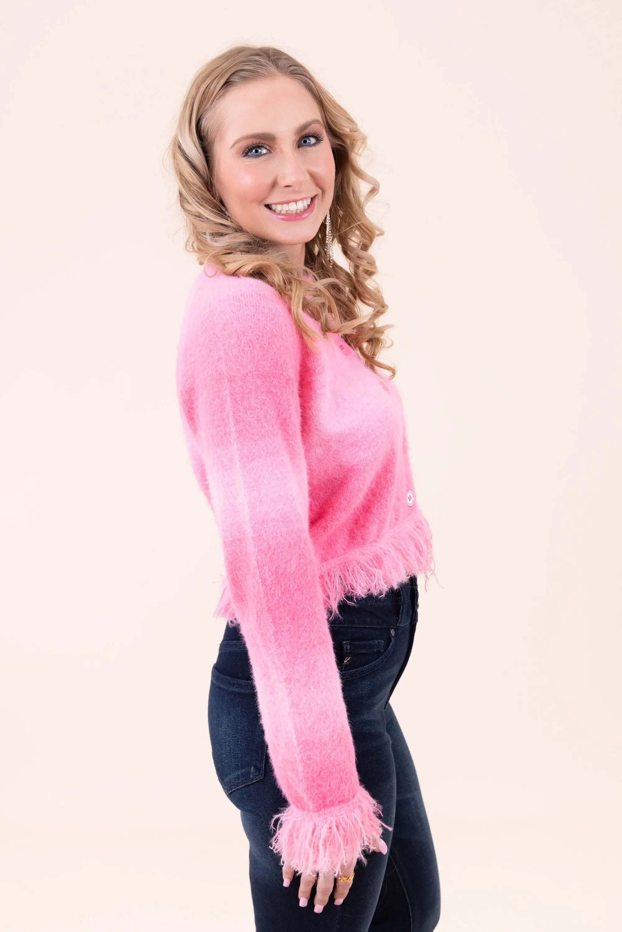 Softly Spoken Fuzzy Frayed Button Down Cardi Top Strut & Bolt
