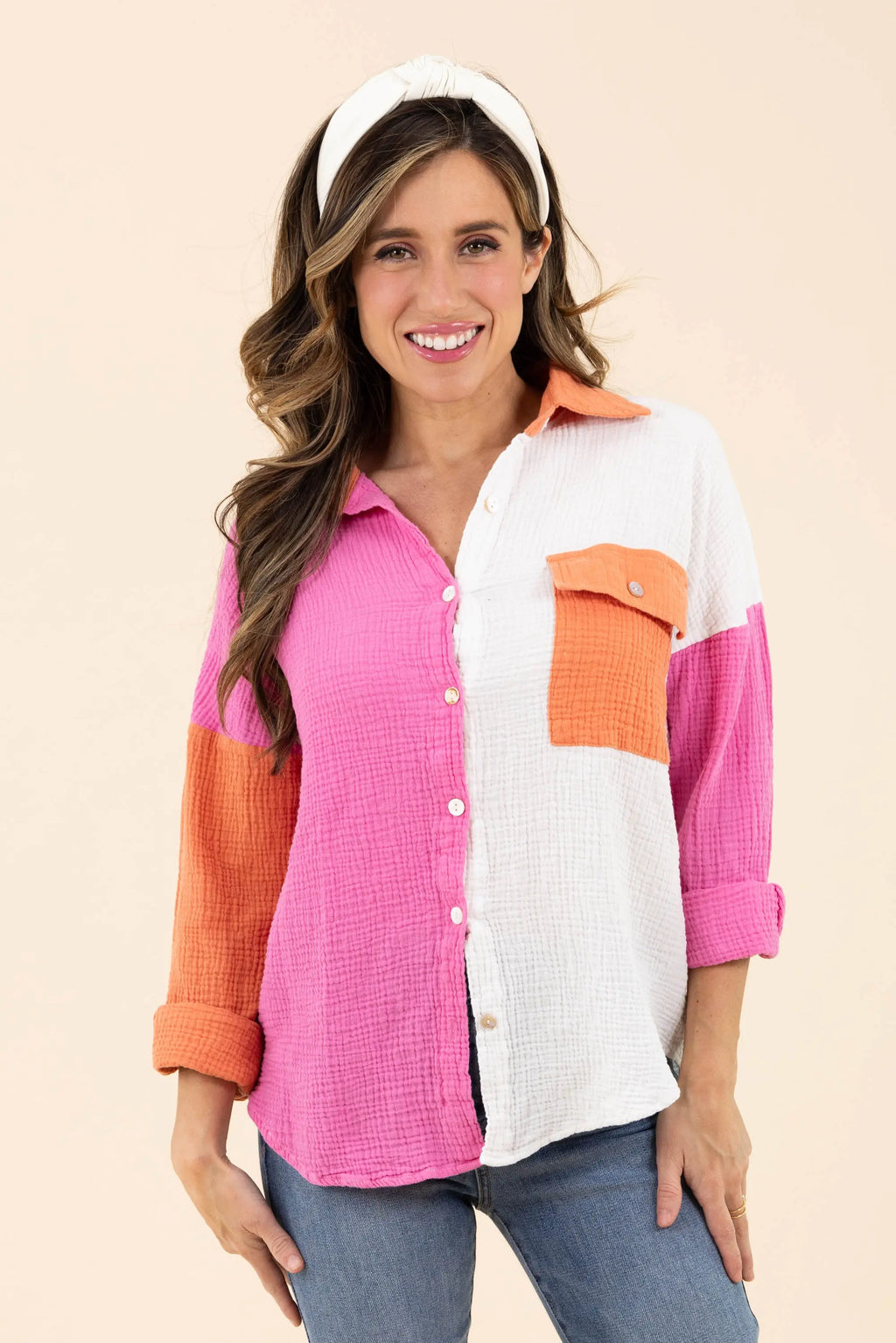 Just Chilling Color Block Button Down Boyfriend Shirt Charmo