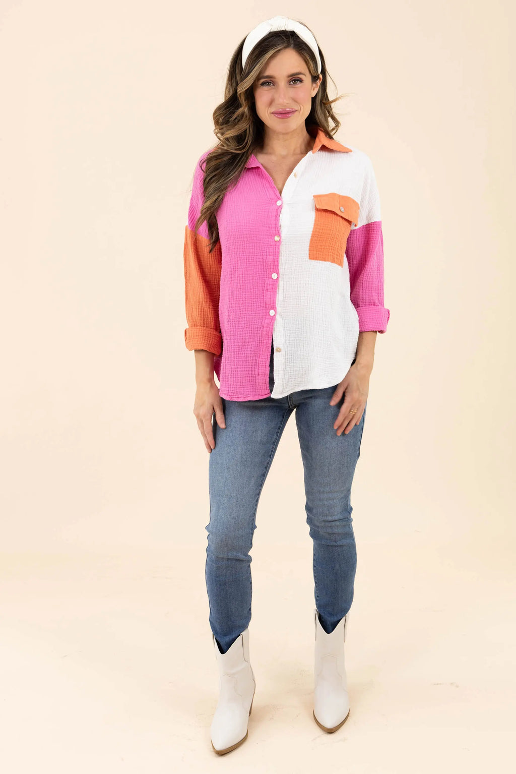 Just Chilling Color Block Button Down Boyfriend Shirt Charmo