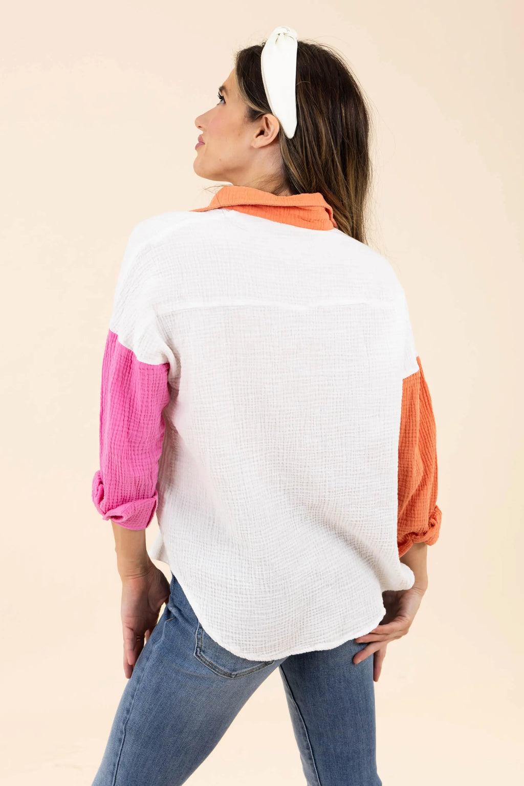 Just Chilling Color Block Button Down Boyfriend Shirt Charmo