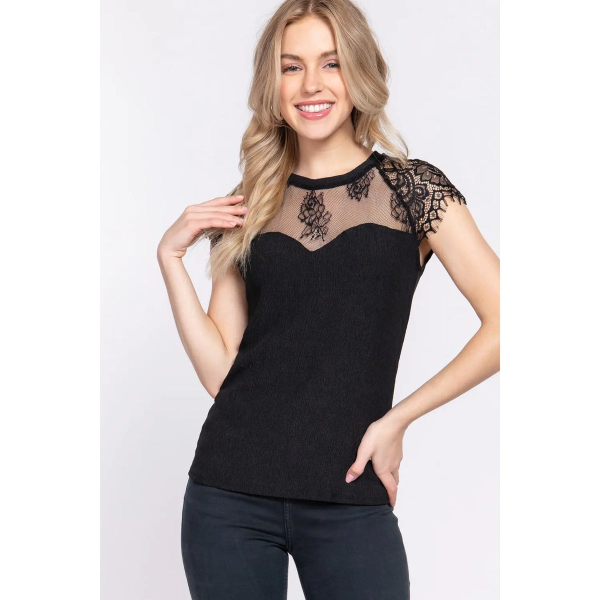 Midnight Madness Lace Ruffle Sleeve Crew Neck Sweetheart Top Bezza