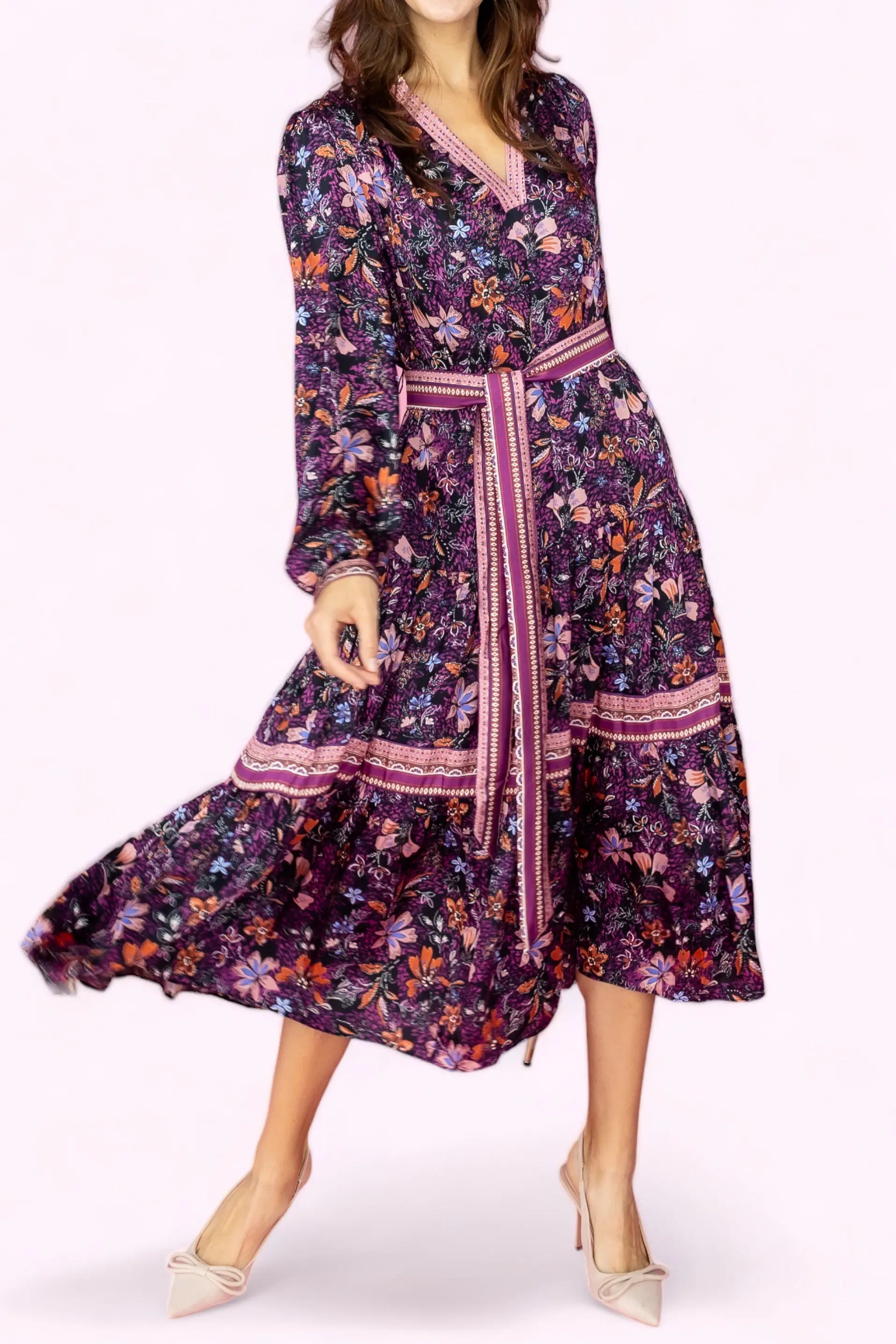 Live in the moment Floral Long Dress With Waist Belt Current Air