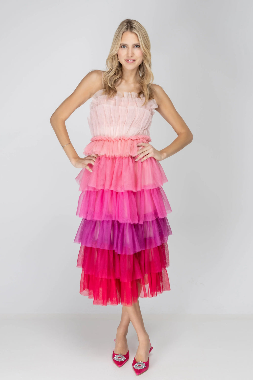 Wildest Dreams Pink Ombre Tulle Midi Dress Storia