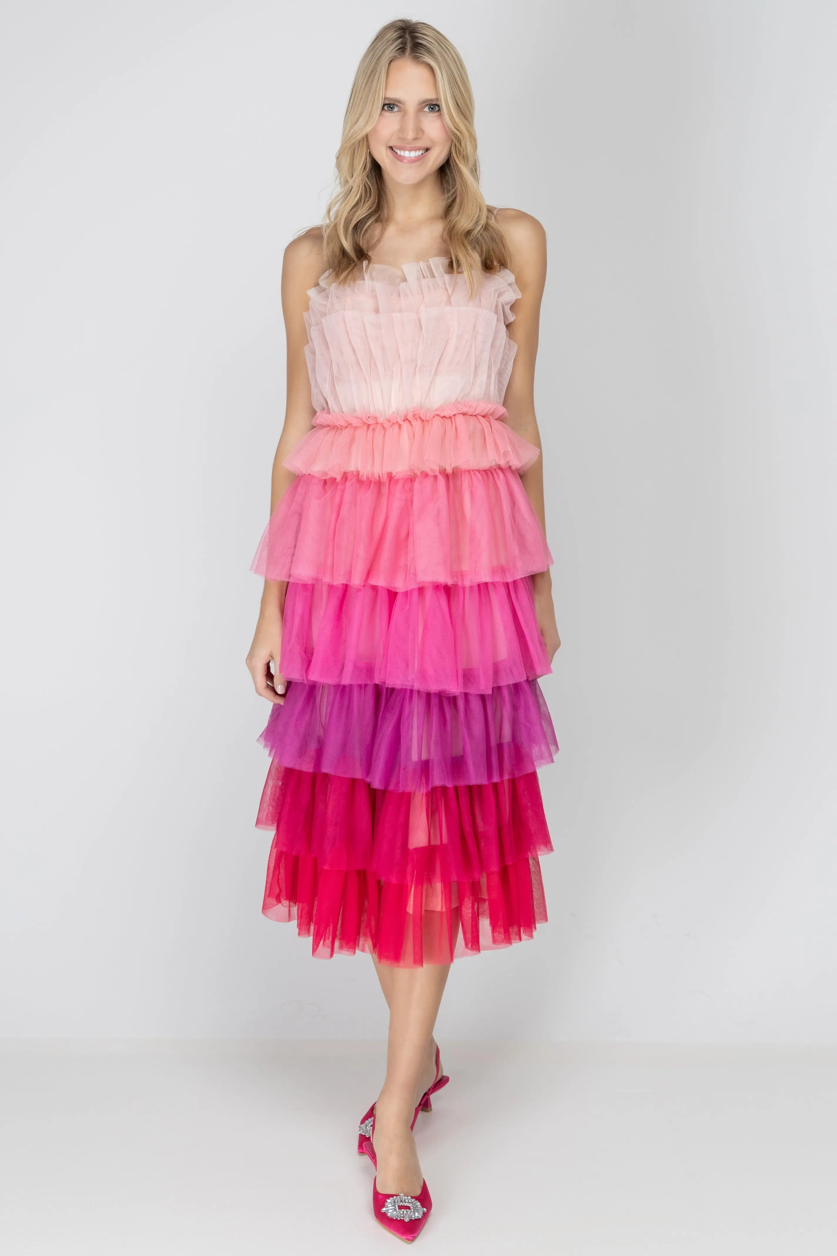 Wildest Dreams Pink Ombre Tulle Midi Dress Storia