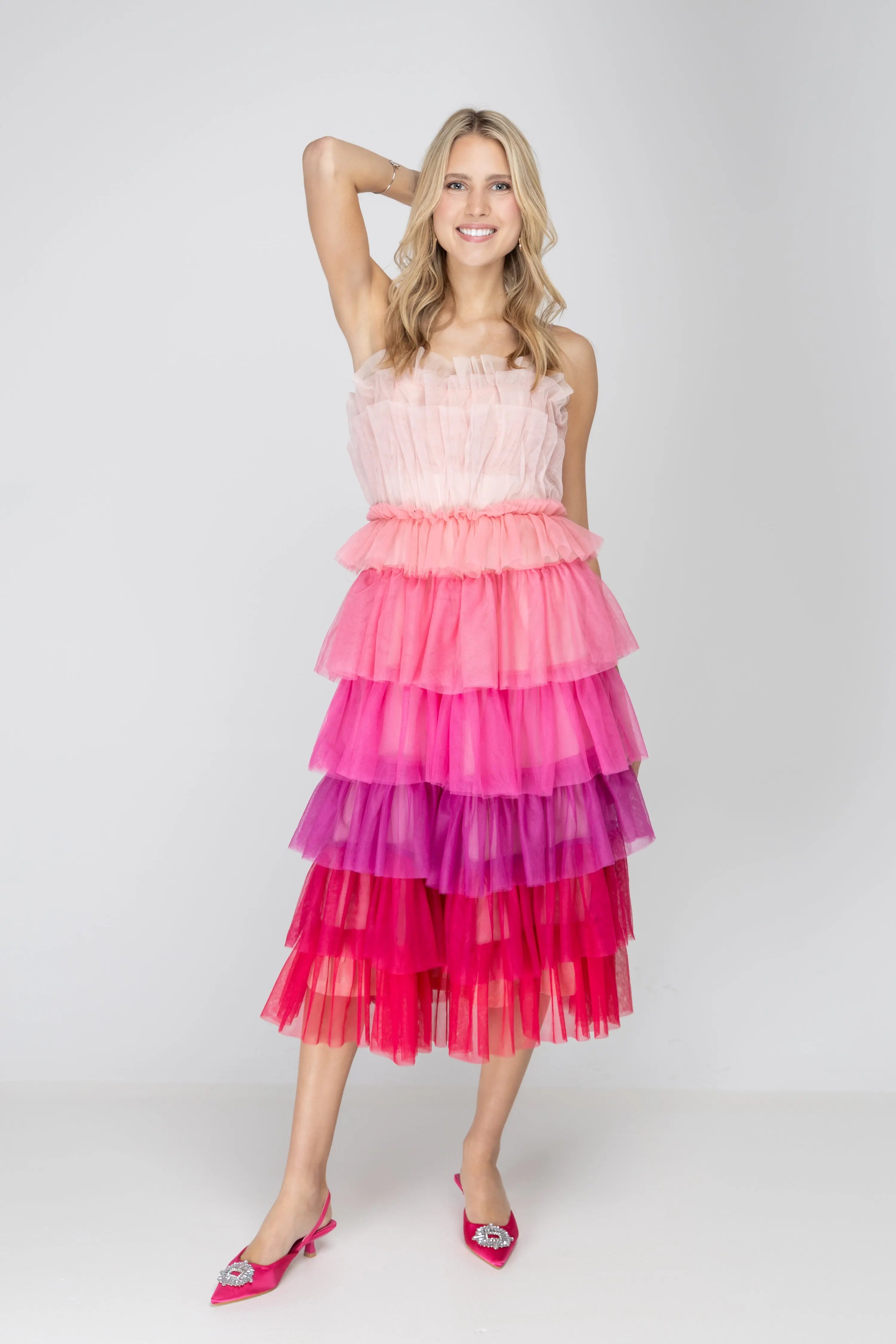 Wildest Dreams Pink Ombre Tulle Midi Dress Bezza