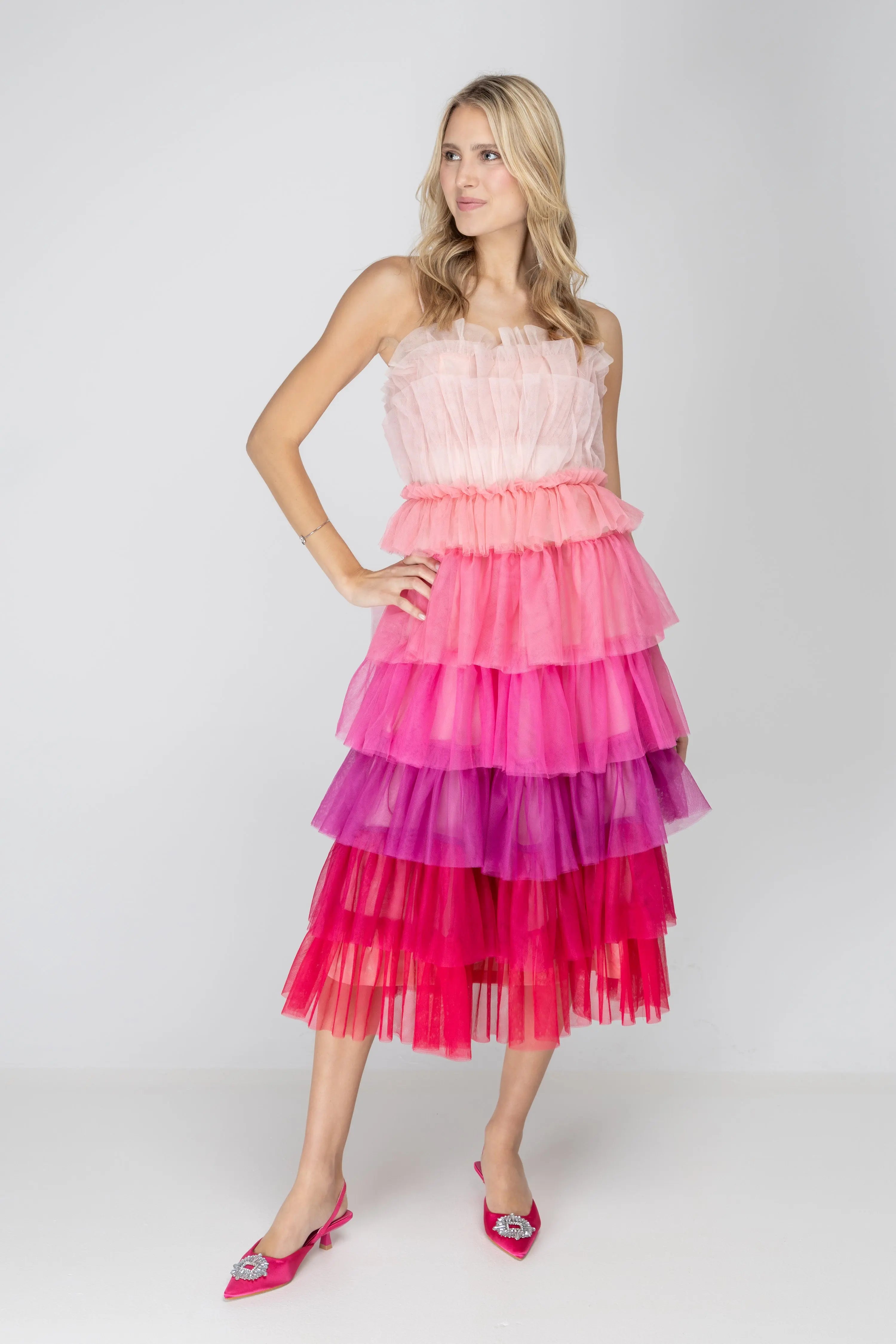 Wildest Dreams Pink Ombre Tulle Midi Dress Storia