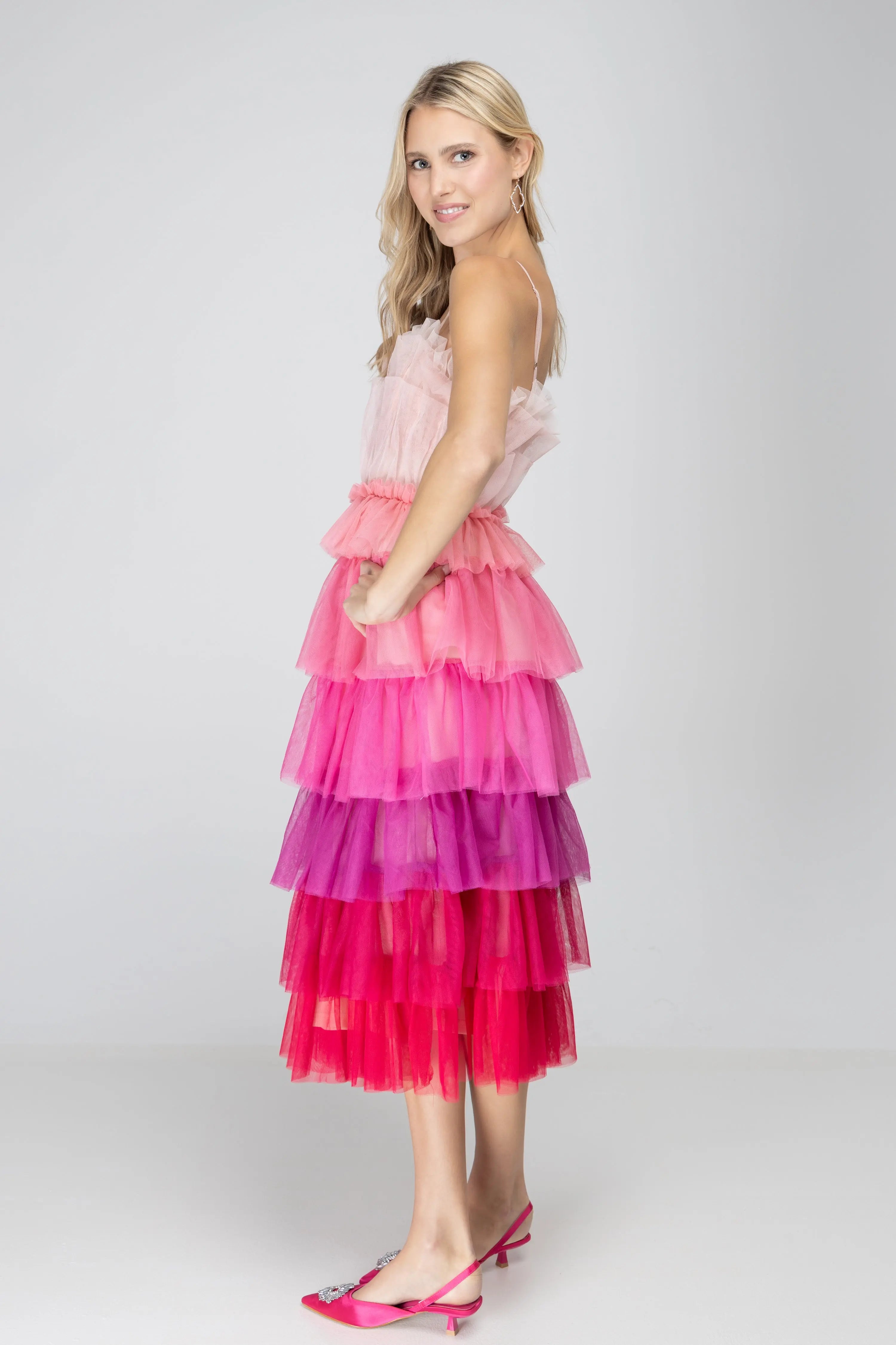 Wildest Dreams Pink Ombre Tulle Midi Dress Storia
