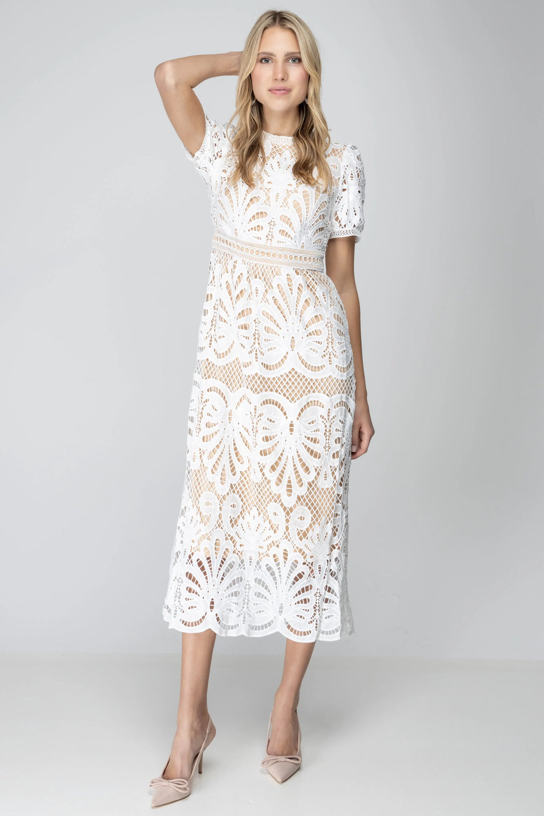 Elegant White Lace Midi Dress - Small / White Elegant White Lace Midi Dress - Small / White