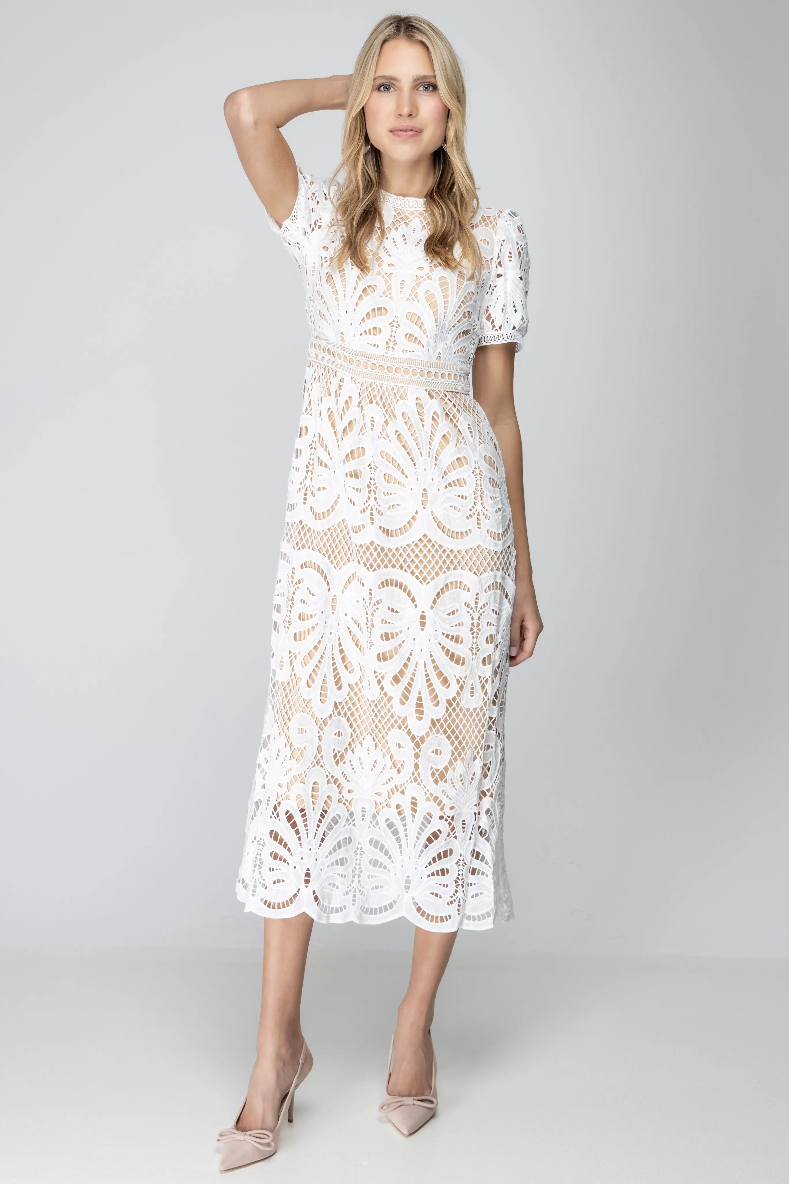 Elegant White Lace Midi Dress – Bezza