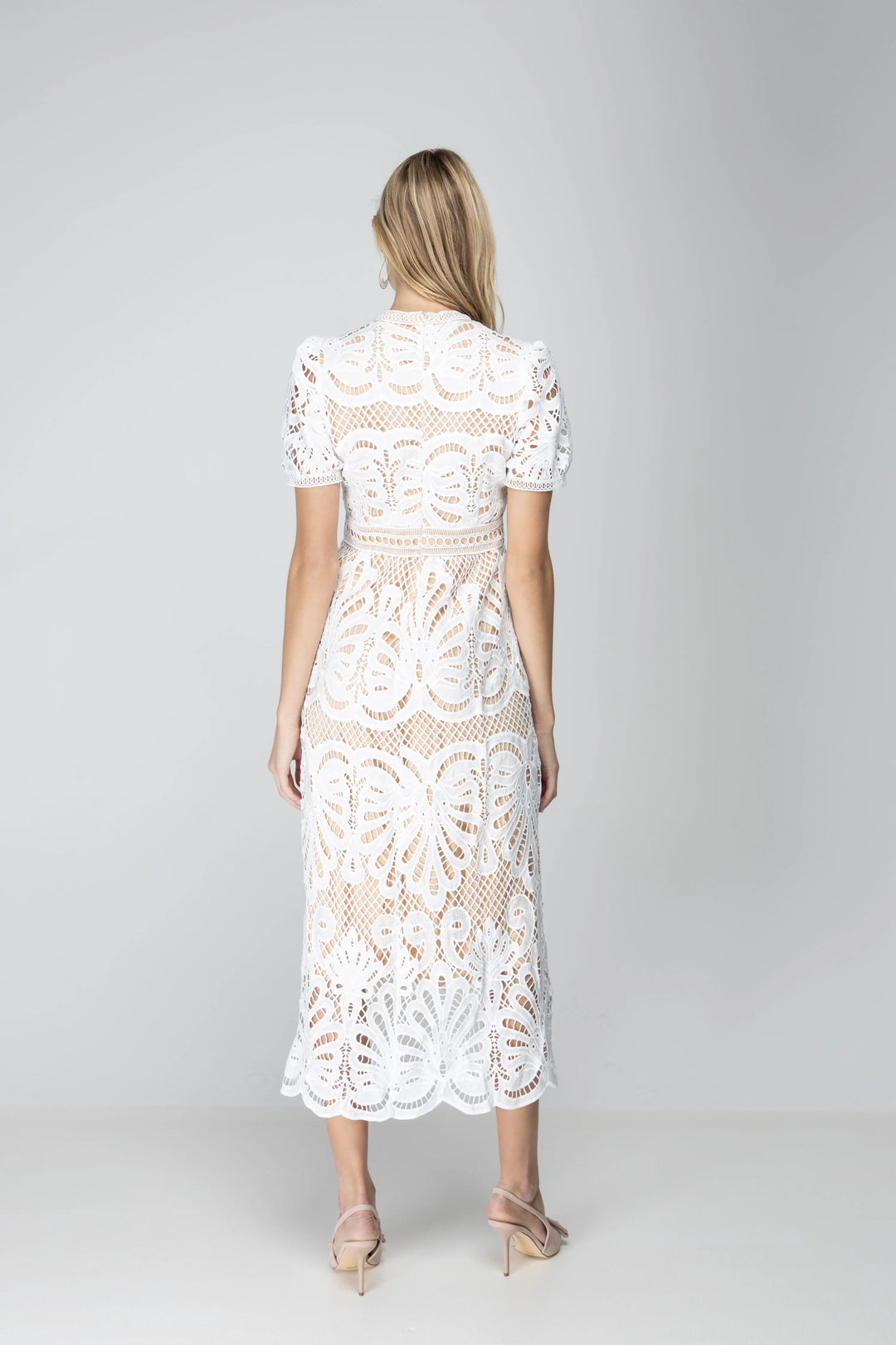 Elegant White Lace Midi Dress - Small / White Elegant White Lace Midi Dress - Small / White