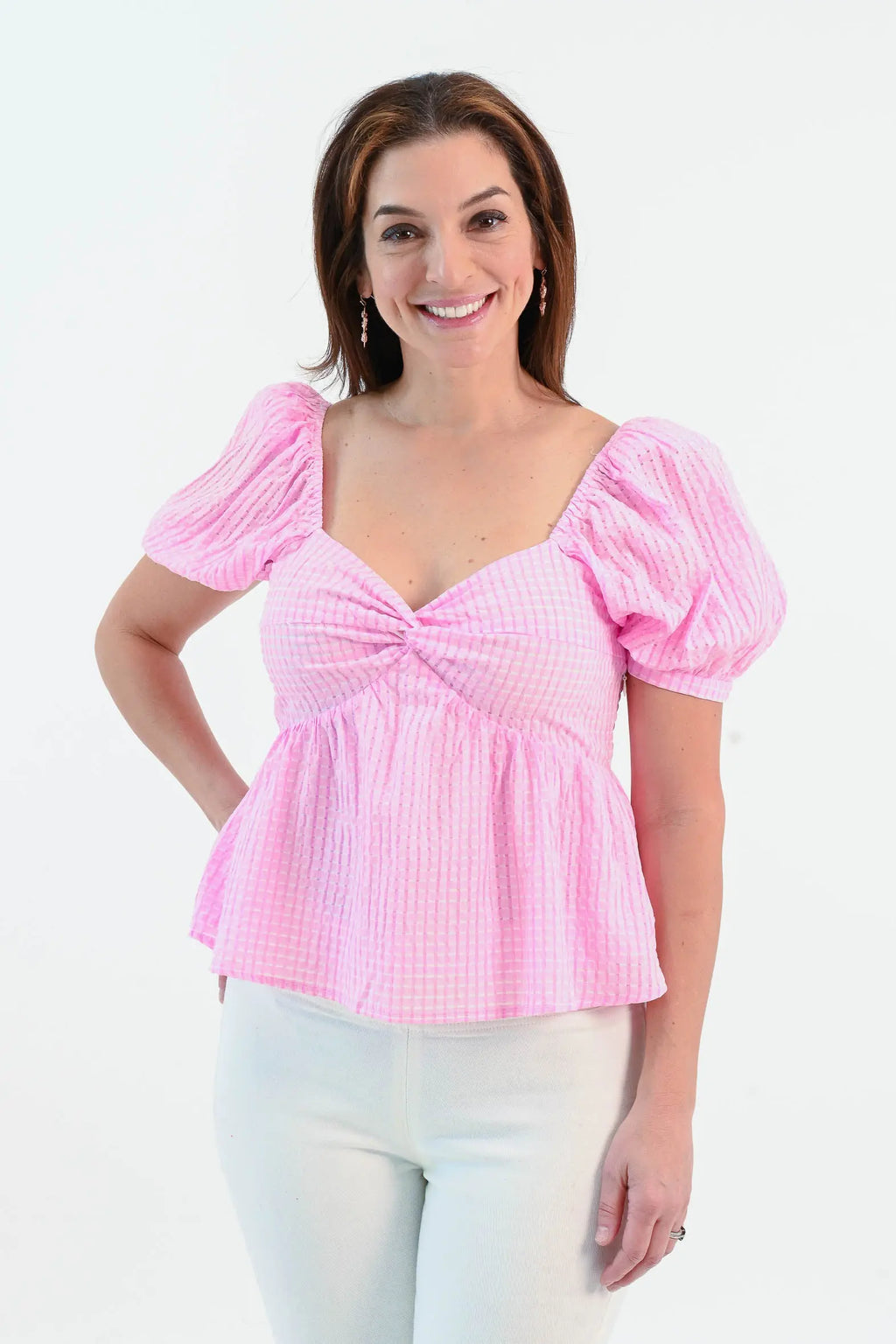 Blushing For You Puff Sleeve Pink Gingham Top English Factory