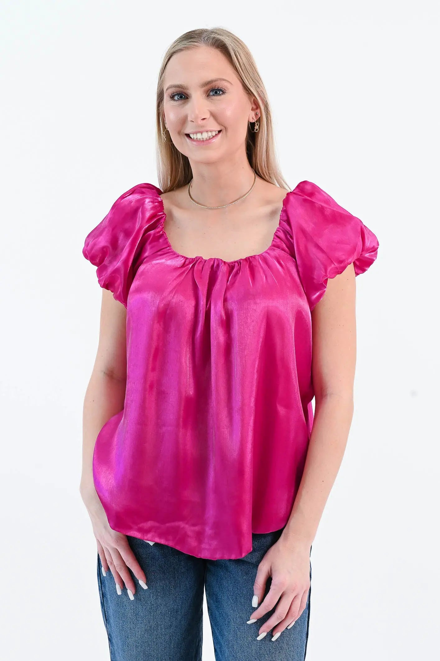 Until I Found Her Puff Sleeve Satin Top She Sky