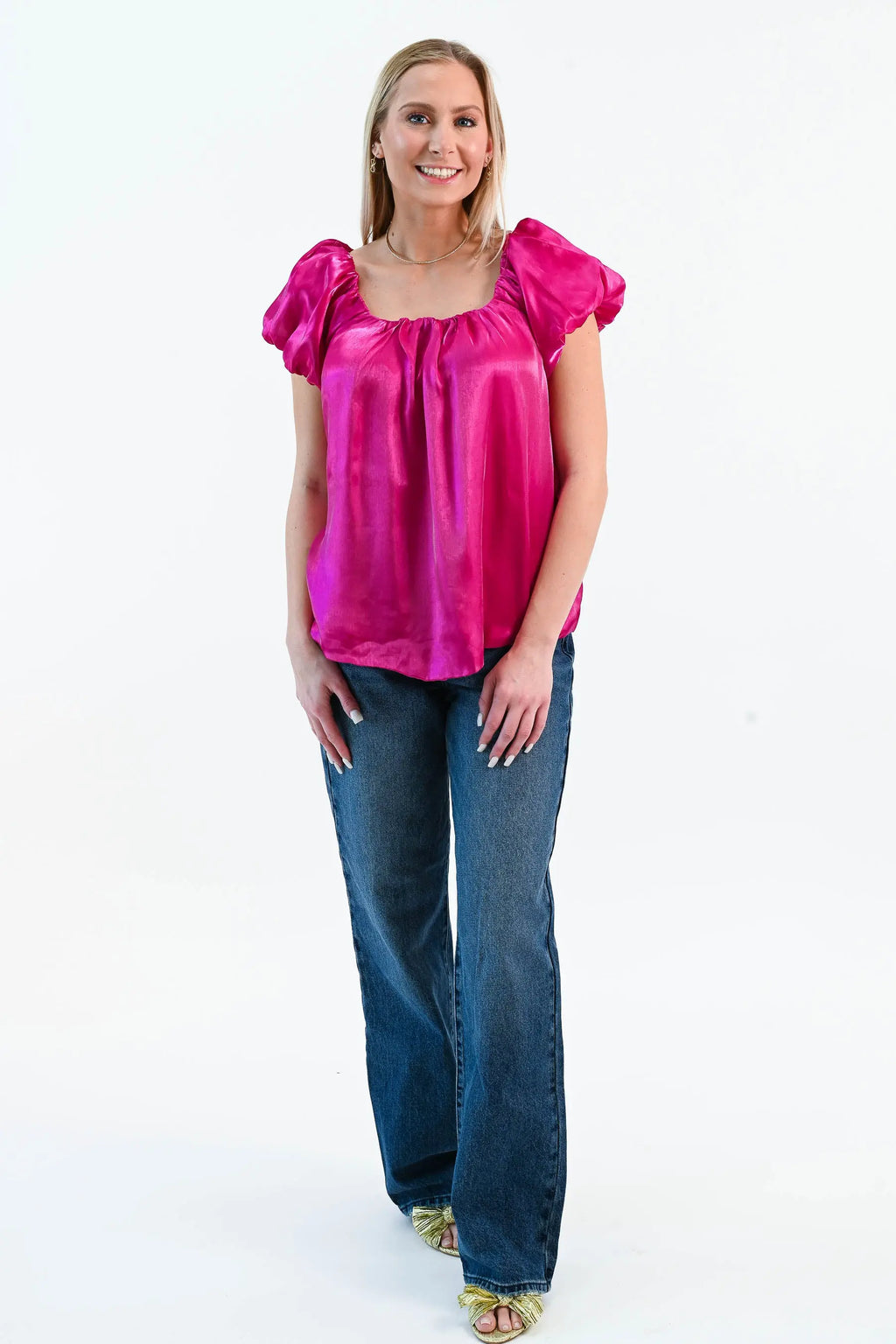 Until I Found Her Puff Sleeve Satin Top She Sky