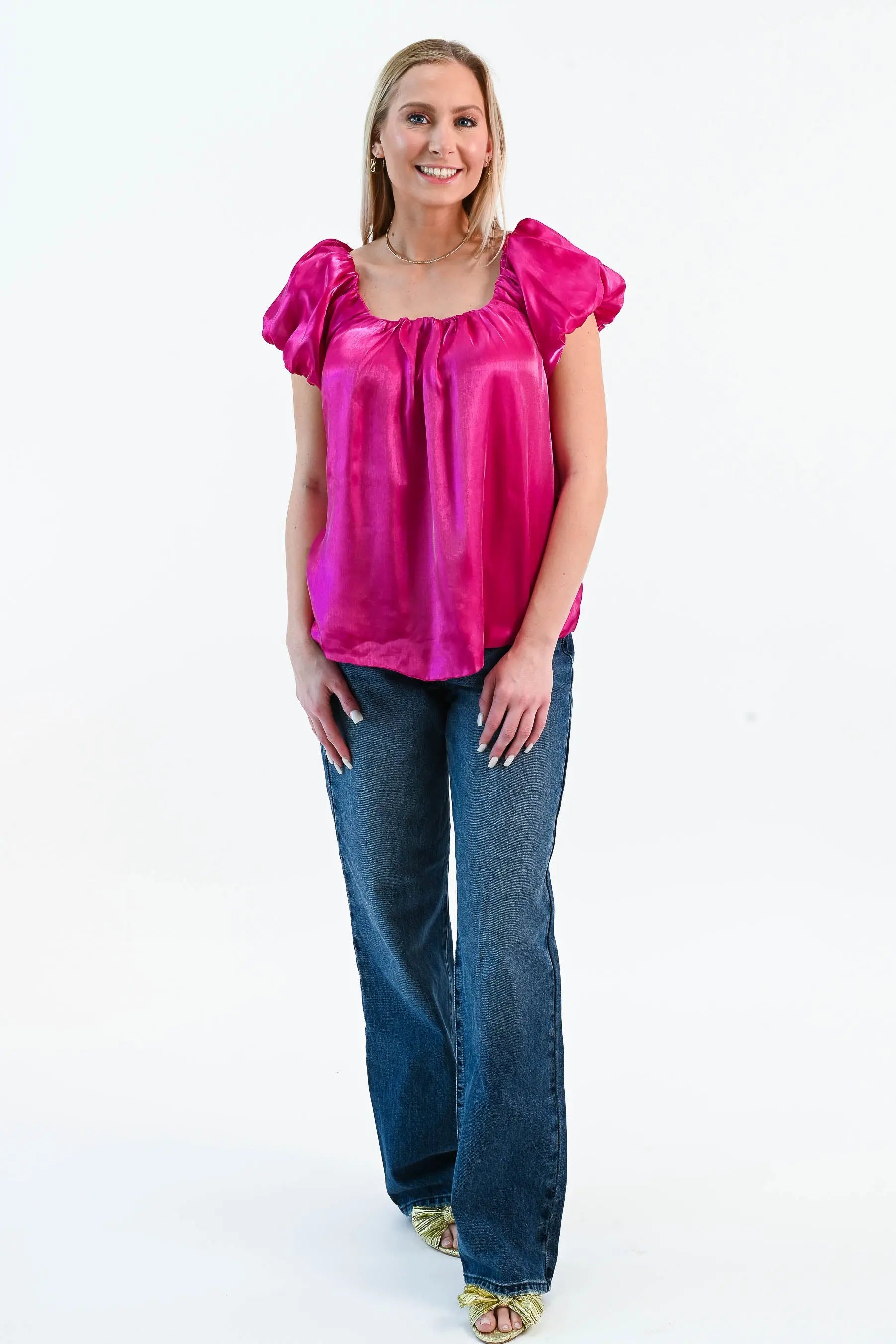 Until I Found Her Puff Sleeve Satin Top She Sky